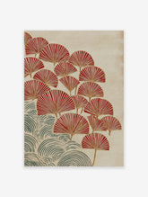 Japanese botanical art print with red fan-shaped leaves and green wave patterns on a textured beige background