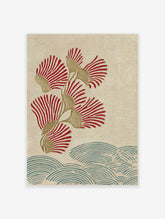 Japanese botanical wall art print with red fan flowers, golden stems, and blue wave patterns on a textured beige background.