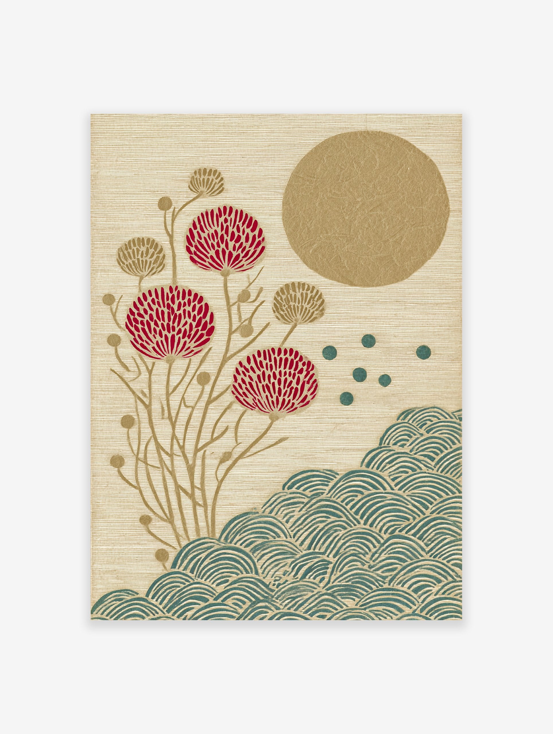 Japanese botanical wall art with red flowers, gold sun, and teal waves on a textured beige background.