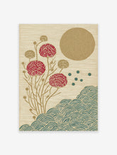 Japanese botanical wall art with red flowers, gold sun, and teal waves on a textured beige background.