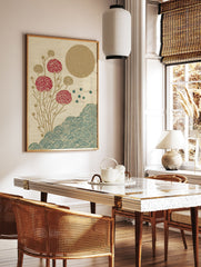 Japanese botanical wall art with red flowers, gold sun, and teal waves on a textured beige background. - Image 2