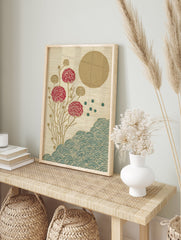 Japanese botanical wall art with red flowers, gold sun, and teal waves on a textured beige background. - Image 3