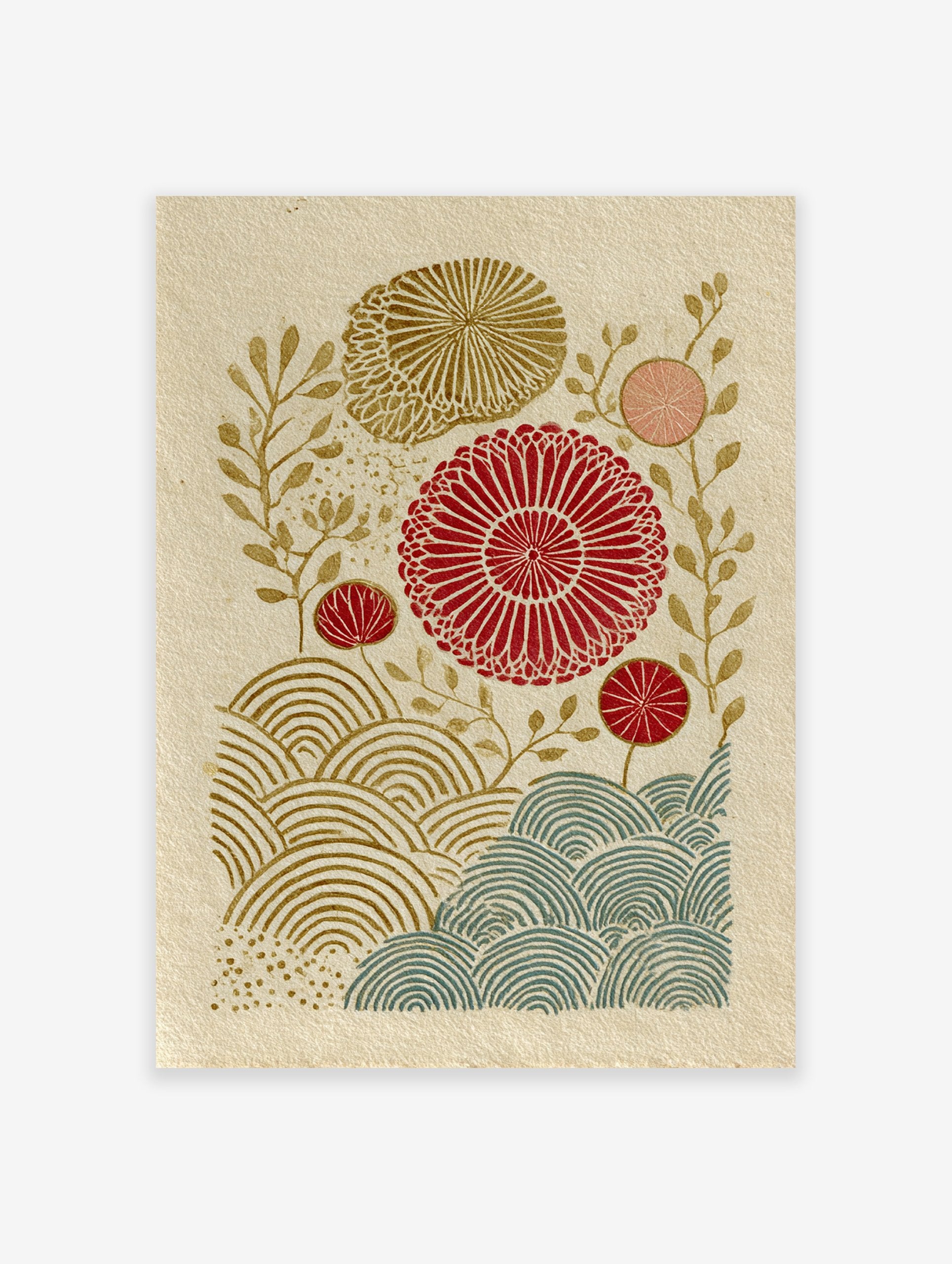 Japanese botanical wall art print with red, gold, and teal stylized flowers and wave patterns on a textured beige background.
