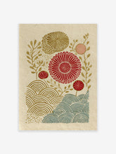 Japanese botanical wall art print with red, gold, and teal stylized flowers and wave patterns on a textured beige background.
