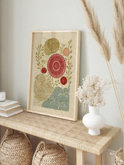 Japanese botanical wall art print with red, gold, and teal stylized flowers and wave patterns on a textured beige background. - Image 3