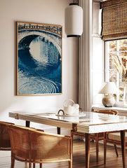 Japanese Bridge Poster with a stone arch bridge over blue water featuring prominent ripples, in an illustrative style. - Image 2