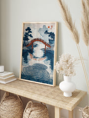 Japanese Bridge Poster featuring a red arched bridge over water with blue trees and circular ripples in a woodblock print style. - Image 4