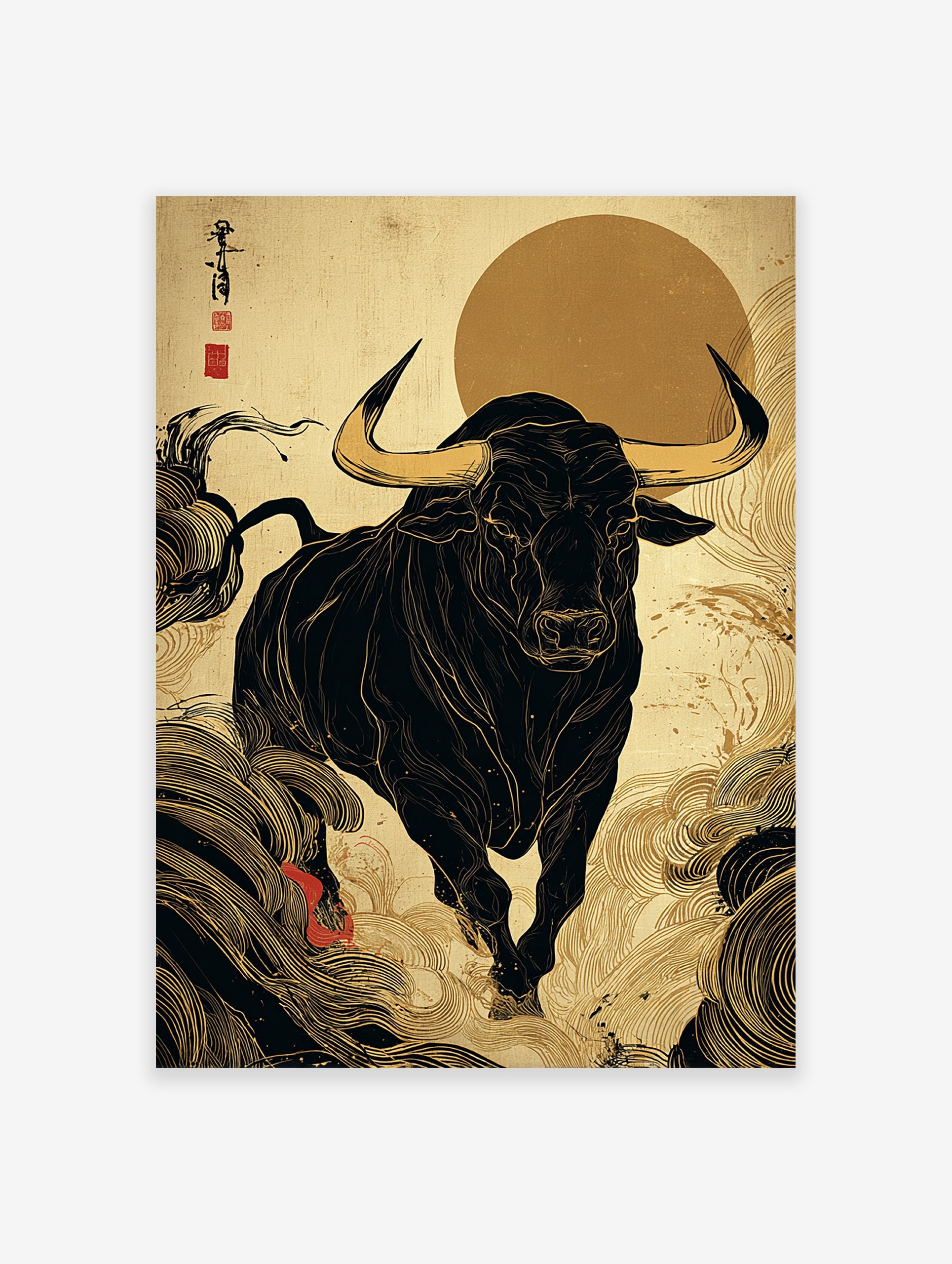 Japanese Bull Art Print with a black bull, golden horns, and swirling gold patterns on an ochre background with a red sun.