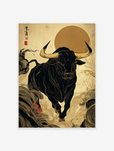 Japanese Bull Art Print with a black bull, golden horns, and swirling gold patterns on an ochre background with a red sun.