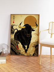 Japanese Bull Art Print with a black bull, golden horns, and swirling gold patterns on an ochre background with a red sun. - Image 2