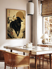 Japanese Bull Art Print with a black bull, golden horns, and swirling gold patterns on an ochre background with a red sun. - Image 3