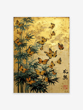 Japanese wall art with orange monarch butterflies, green bamboo, and gold background with calligraphy.