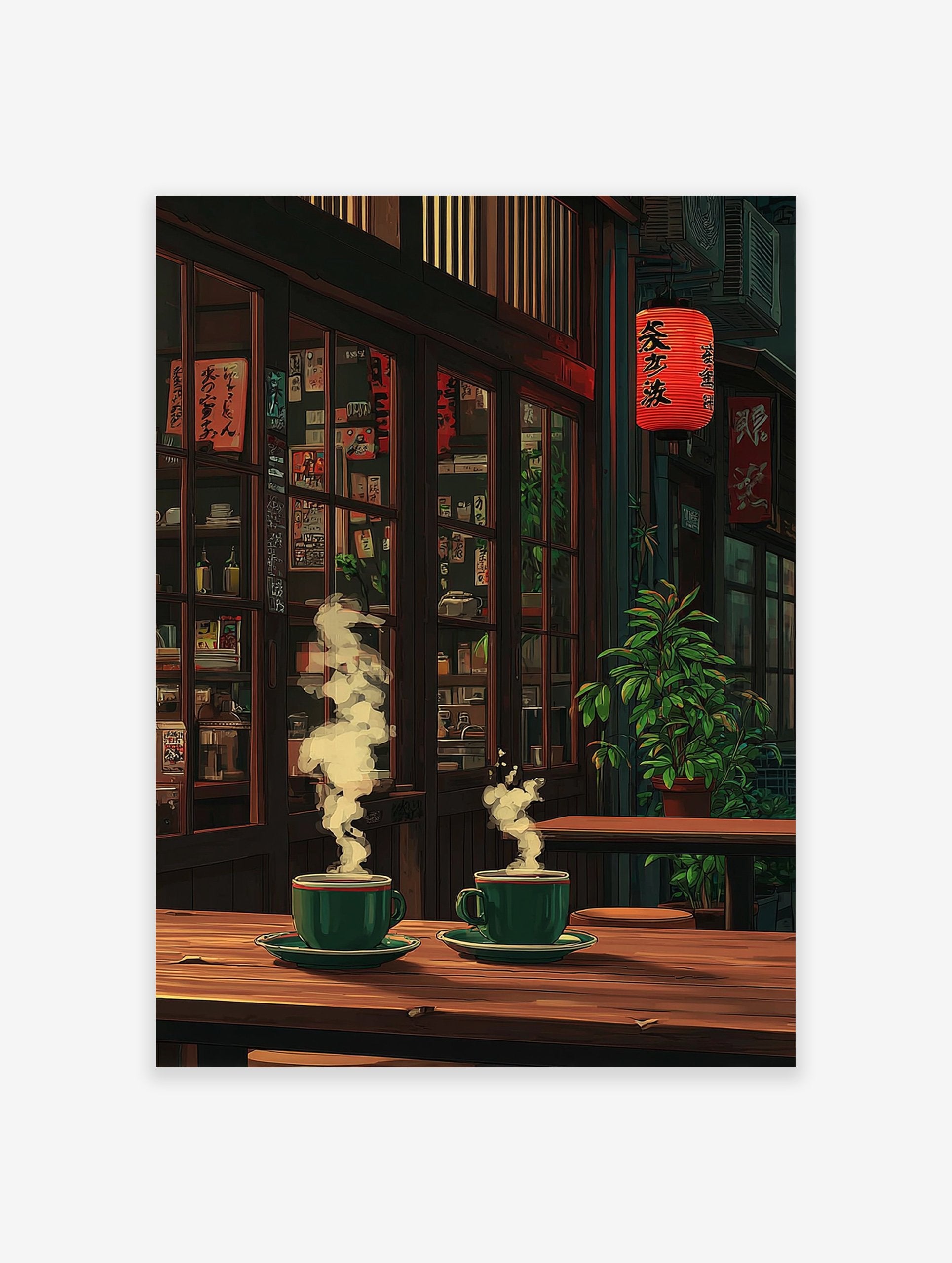 Japanese cafe poster showing two steaming green cups on a wooden table with a red lantern and plants in the background.