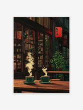 Japanese cafe poster showing two steaming green cups on a wooden table with a red lantern and plants in the background.
