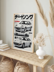 Japanese Car Poster featuring three vintage illustrated Toyota and Datsun sports cars with Japanese text on a light background. - Image 4