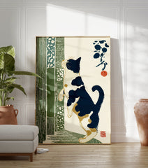 Japanese Calico cat art print in Ukiyo-e style, standing on hind legs looking up, with green patterned panels and calligraphy. - Image 3