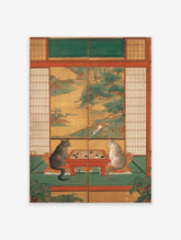 Japanese cat poster showing two cats playing a board game in a traditional room with painted landscape screens.