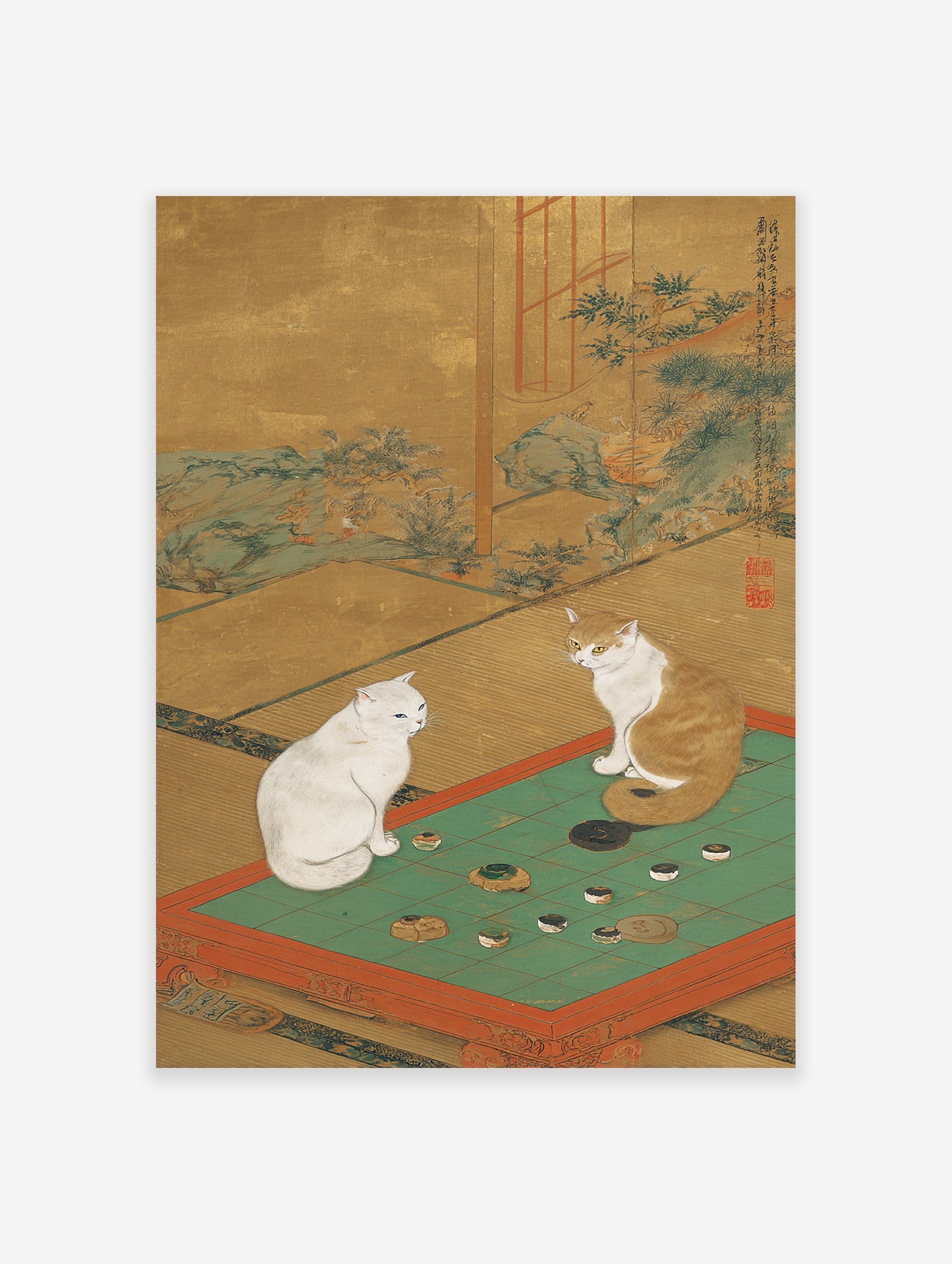 Japanese cat poster depicting two cats playing a game of Go on a green board with a gold background.