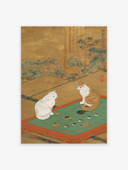 Japanese cat poster depicting two cats playing a game of Go on a green board with a gold background.