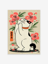Japanese Cat Poster illustration with a white Maneki-Neko cat, pink cherry blossoms, green leaves, and Japanese text on beige paper.