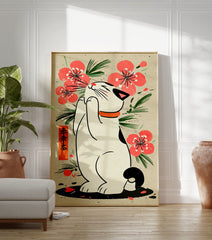 Japanese Cat Poster illustration with a white Maneki-Neko cat, pink cherry blossoms, green leaves, and Japanese text on beige paper. - Image 3
