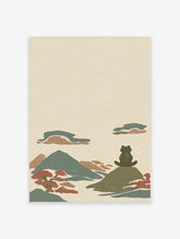Japanese cat poster with seated cat on rock, layered mountains and earth tone clouds