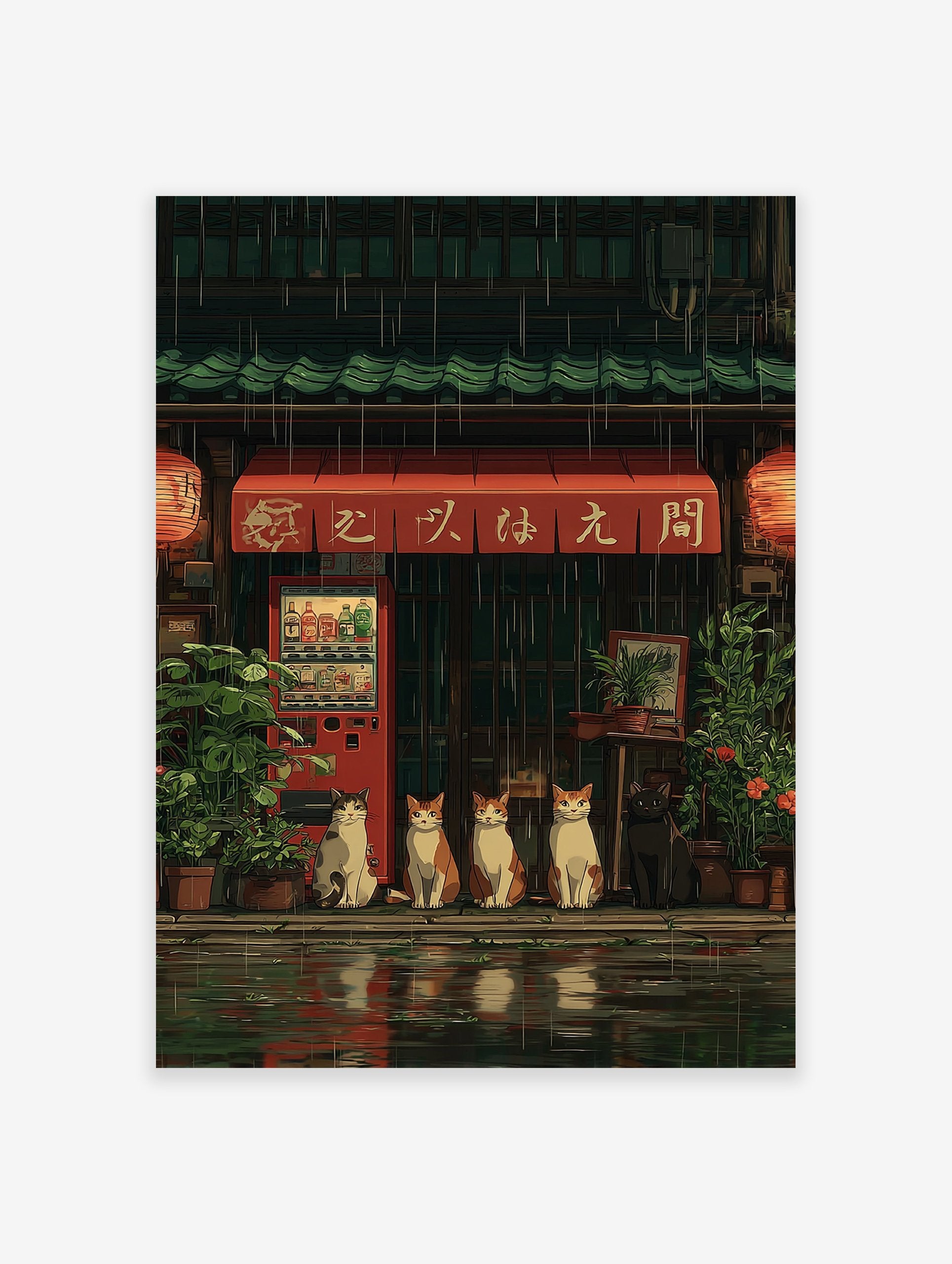 Japanese Cat Poster showing five cats sitting outside a rainy shop with a red awning, a vending machine, and plants.