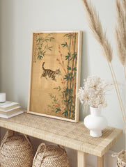 Japanese cat poster featuring a tabby cat leaping among green bamboo and red berries on a light background with calligraphy. - Image 4