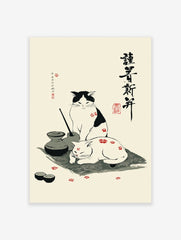 Japanese cat poster with two cats, one black and white, one white, surrounded by plum blossoms and traditional Japanese items.