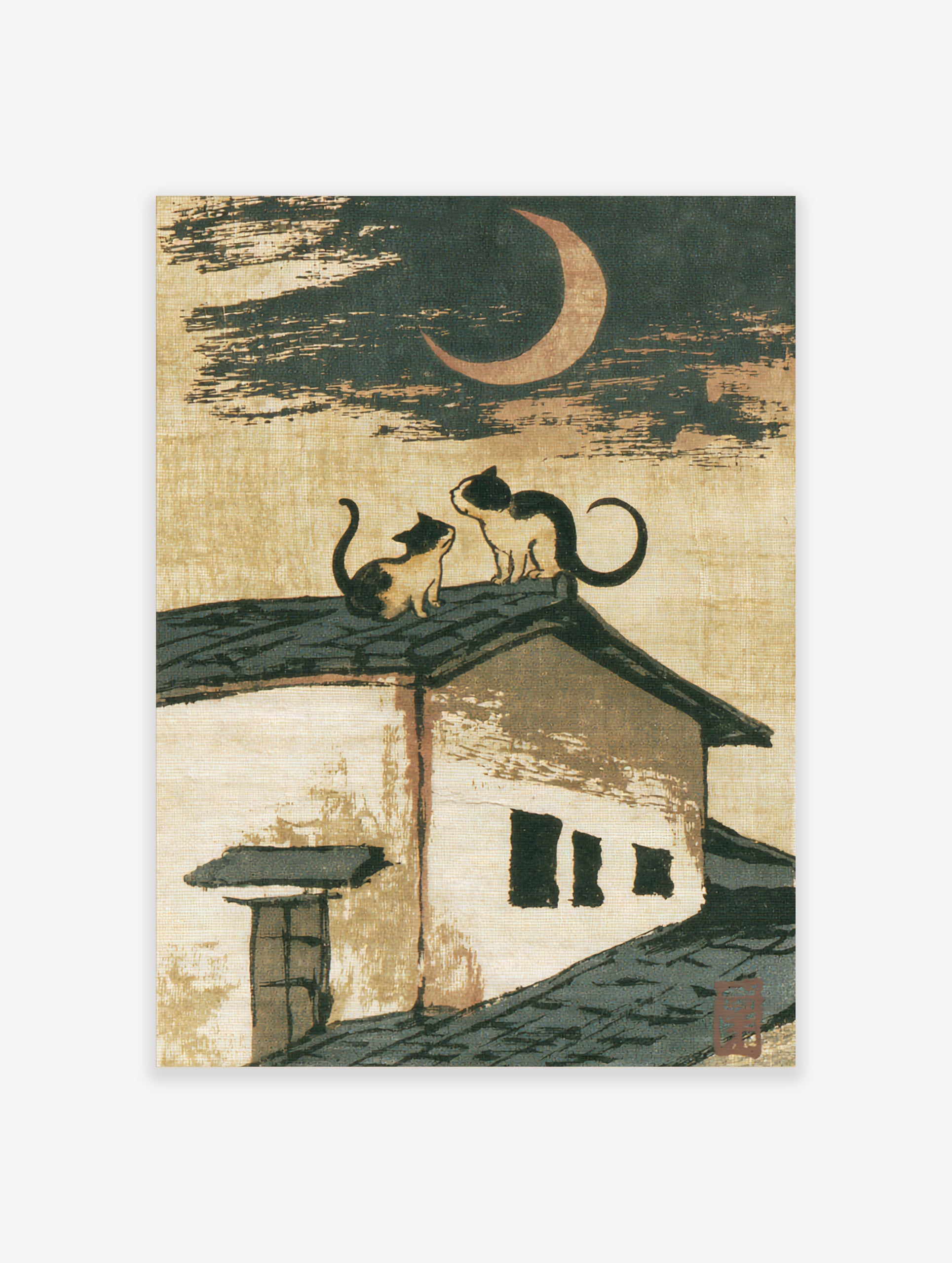 Japanese-style illustration of two cats sitting on a tiled roof beneath a crescent moon