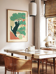 Japanese style wall art illustration of a black cat climbing a green pine tree against a cream background. - Image 2