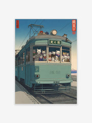 Japanese Ukiyo-e style art print of cats riding a teal tram with a distant mountain and blue sky