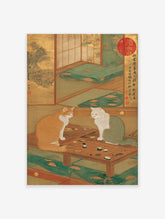 Japanese cats playing a Go board game poster in a traditional room with gold screens and green mats.