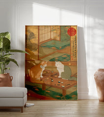 Japanese cats playing a Go board game poster in a traditional room with gold screens and green mats. - Image 3