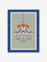Japanese style chandelier art print in blue and red on a sage green background with a blue and cream border.