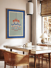 Japanese style chandelier art print in blue and red on a sage green background with a blue and cream border. - Image 3