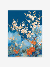 Japanese Cherry Blossom poster with white and orange flowers on a blue background in an illustrative style.