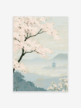 Japanese cherry blossom art print with pink sakura, pagoda and blue mountains