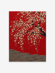 Japanese Cherry Blossom poster featuring white and gold flowers on a dark tree branch against a vibrant red textured background with waves.