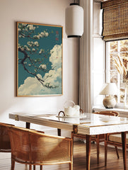 Japanese Cherry Blossom poster with white flowers on a tree branch against a teal sky and white clouds in traditional Asian art style. - Image 2