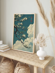 Japanese Cherry Blossom poster with white flowers on a tree branch against a teal sky and white clouds in traditional Asian art style. - Image 4