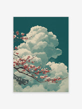 Japanese Cherry Blossom poster with pink flowers on branches, fluffy white clouds against a teal sky, and a traditional roof element.