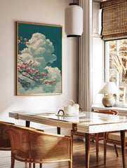 Japanese Cherry Blossom poster with pink flowers on branches, fluffy white clouds against a teal sky, and a traditional roof element. - Image 2