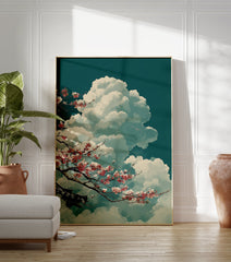Japanese Cherry Blossom poster with pink flowers on branches, fluffy white clouds against a teal sky, and a traditional roof element. - Image 3