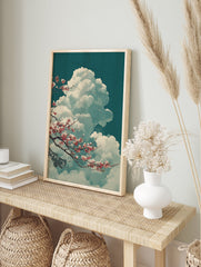 Japanese Cherry Blossom poster with pink flowers on branches, fluffy white clouds against a teal sky, and a traditional roof element. - Image 4