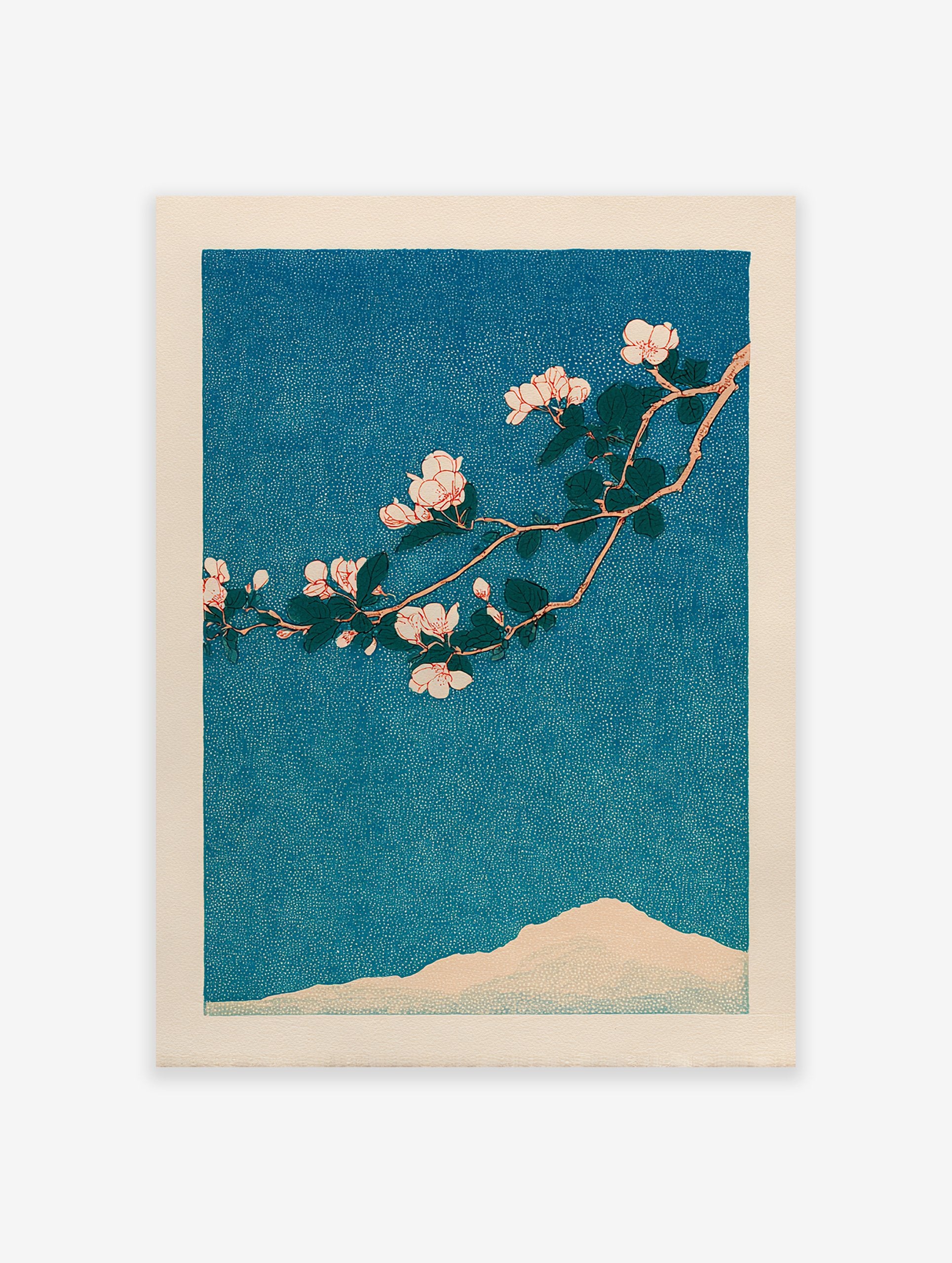 Japanese Cherry Blossom botanical art print with pink flowers on a branch, dark leaves, and a pale mountain against a blue sky.