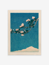 Japanese Cherry Blossom botanical art print with pink flowers on a branch, dark leaves, and a pale mountain against a blue sky.