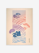 Japanese chrysanthemum poster with blue, purple and coral flowers over curved pink and blue wave bands