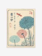 Japanese woodblock print of blue and red chrysanthemums with a red dragonfly and traditional script on a beige background.