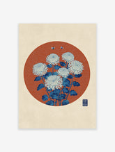 Japanese Chrysanthemum Wall Art print featuring white flowers, blue leaves, and bees on a red wave pattern circle.